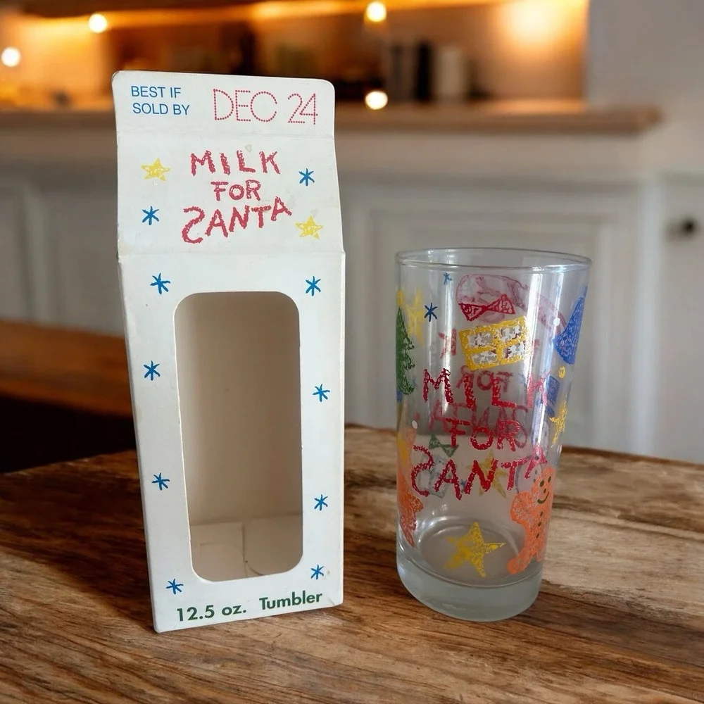 Milk for Santa Tumbler Glass Cup Vintage Anchor Hocking NEW Box Christmas 12 oz